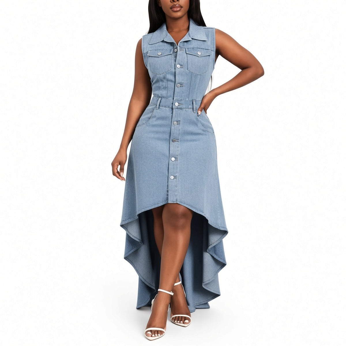Amélie · Vestido largo vaquero de bajo asimétrico