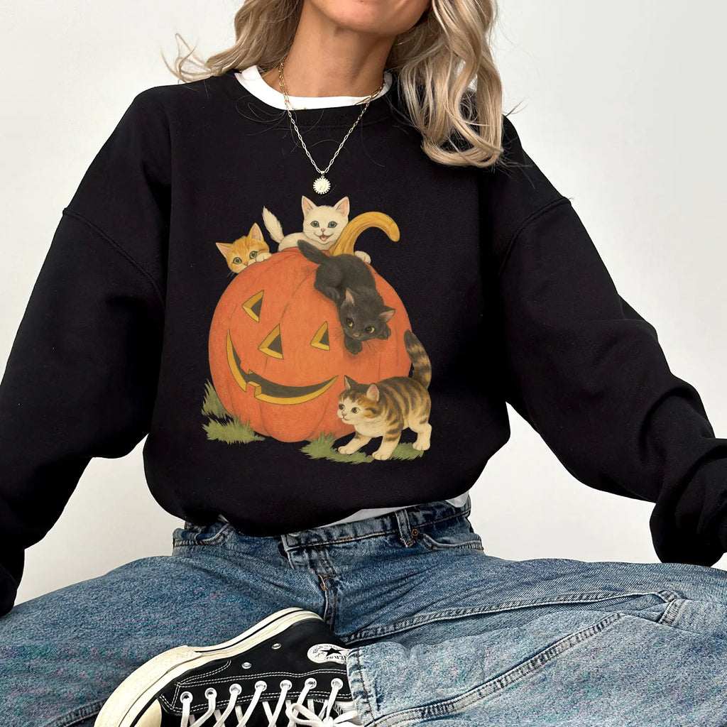 Amélie · Sudadera gruesa de cuello redondo con gatos y calabazas