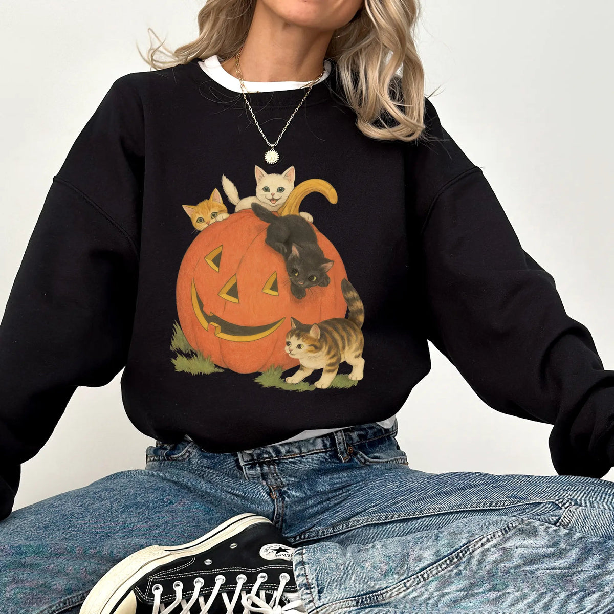 Amélie · Sudadera gruesa de cuello redondo con gatos y calabazas