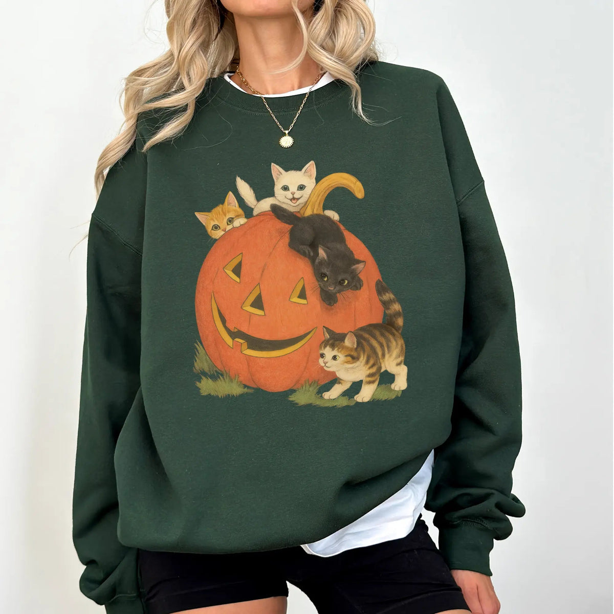 Amélie · Sudadera gruesa de cuello redondo con gatos y calabazas