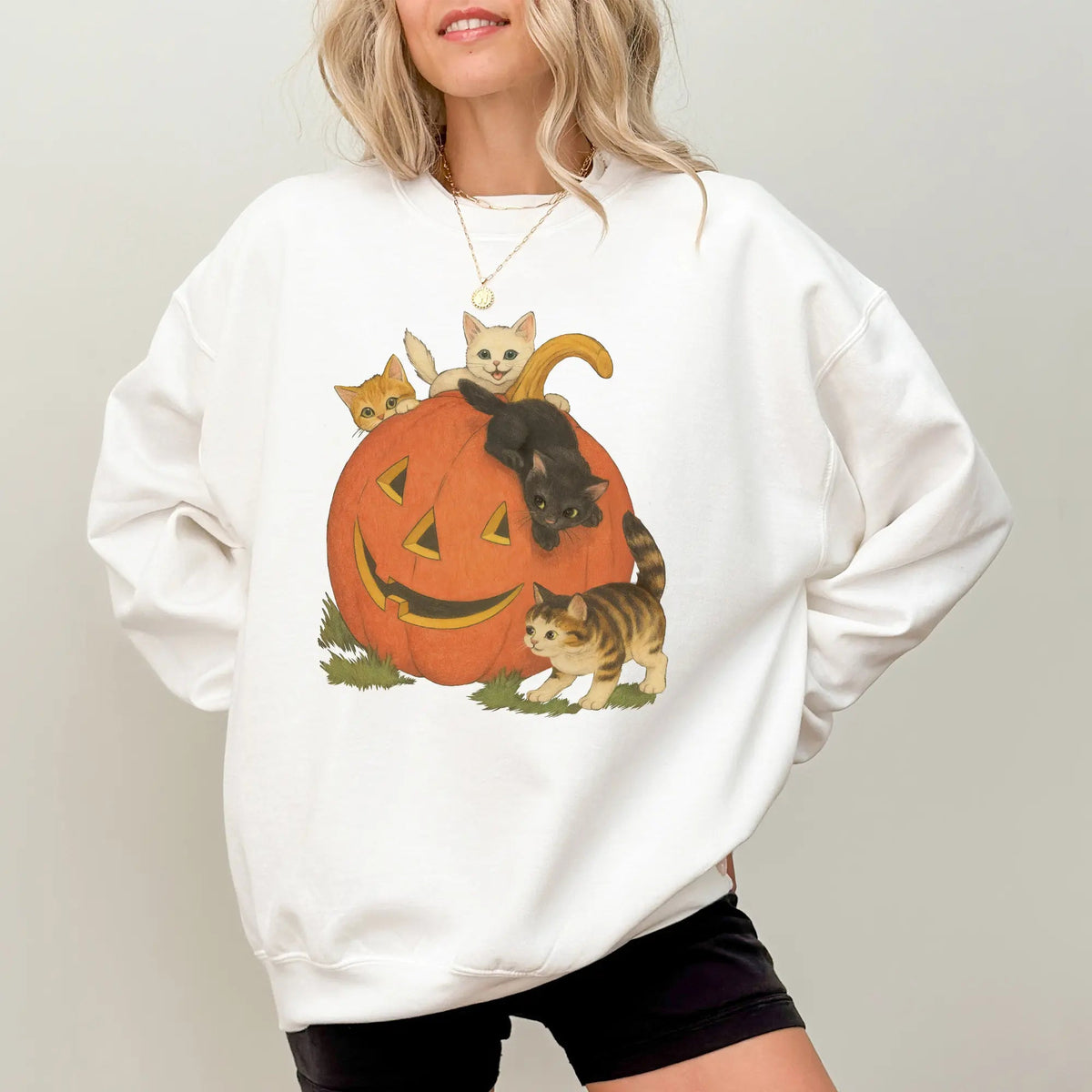 Amélie · Sudadera gruesa de cuello redondo con gatos y calabazas