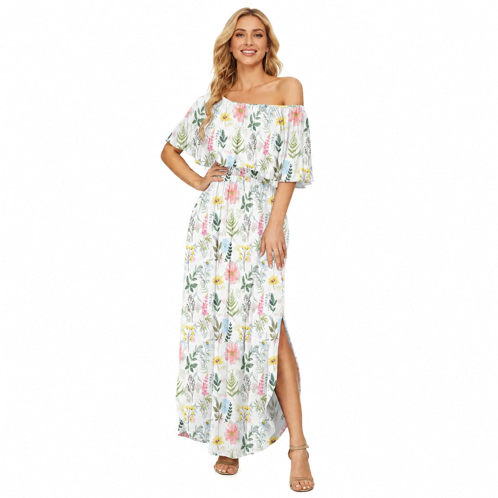 Amélie · Vestido largo de hombros descubiertos con volantes