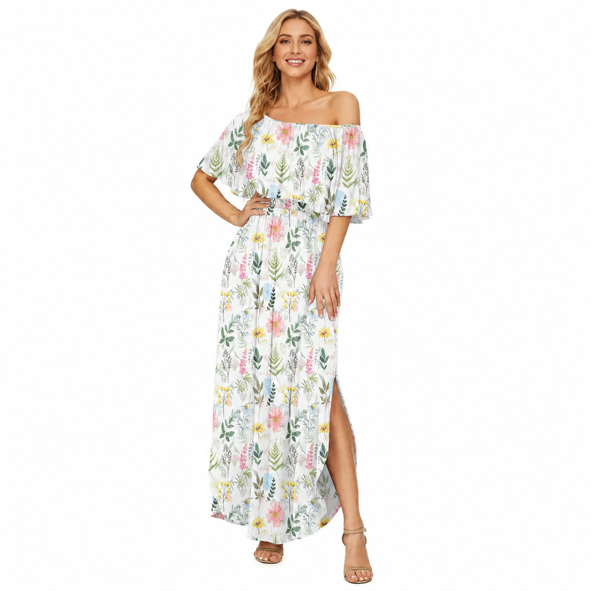 Amélie · Vestido largo de hombros descubiertos con volantes