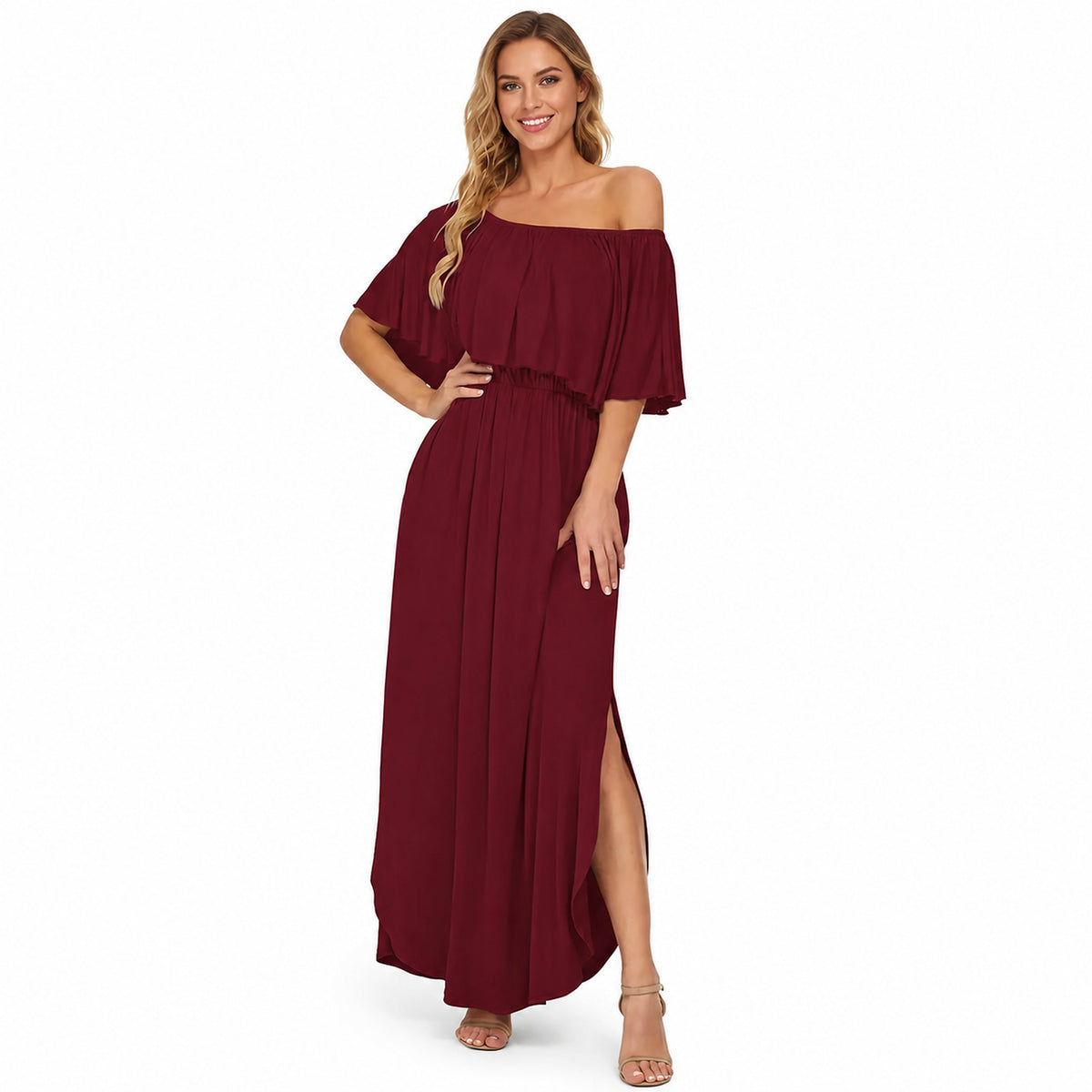 Amélie · Vestido largo de hombros descubiertos con volantes