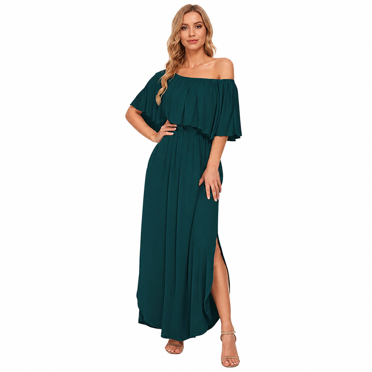 Amélie · Vestido largo de hombros descubiertos con volantes