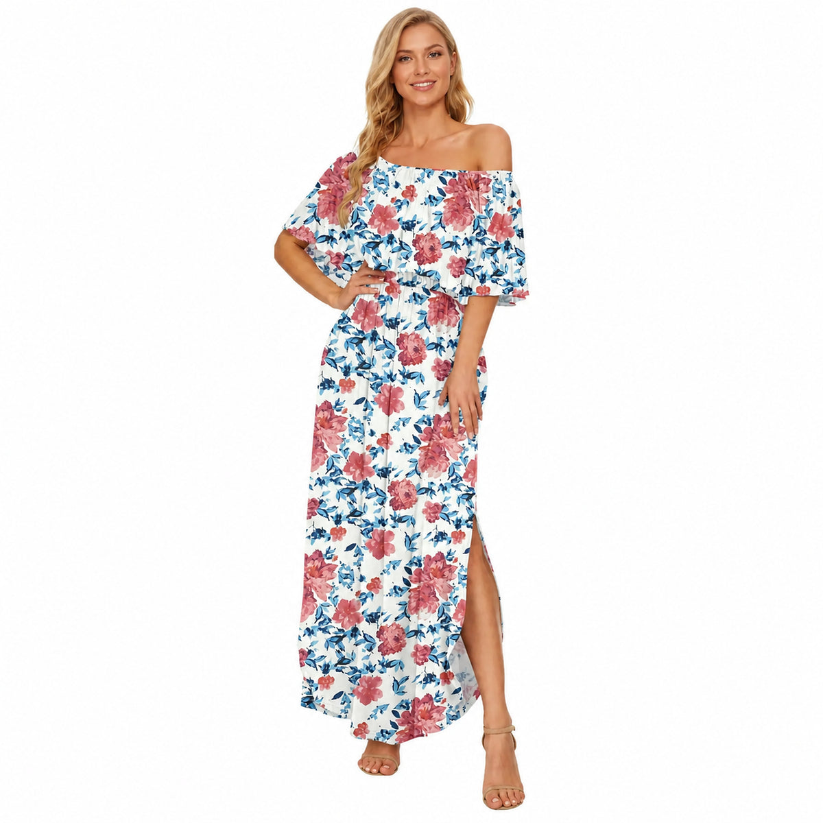 Amélie · Vestido largo de hombros descubiertos con volantes