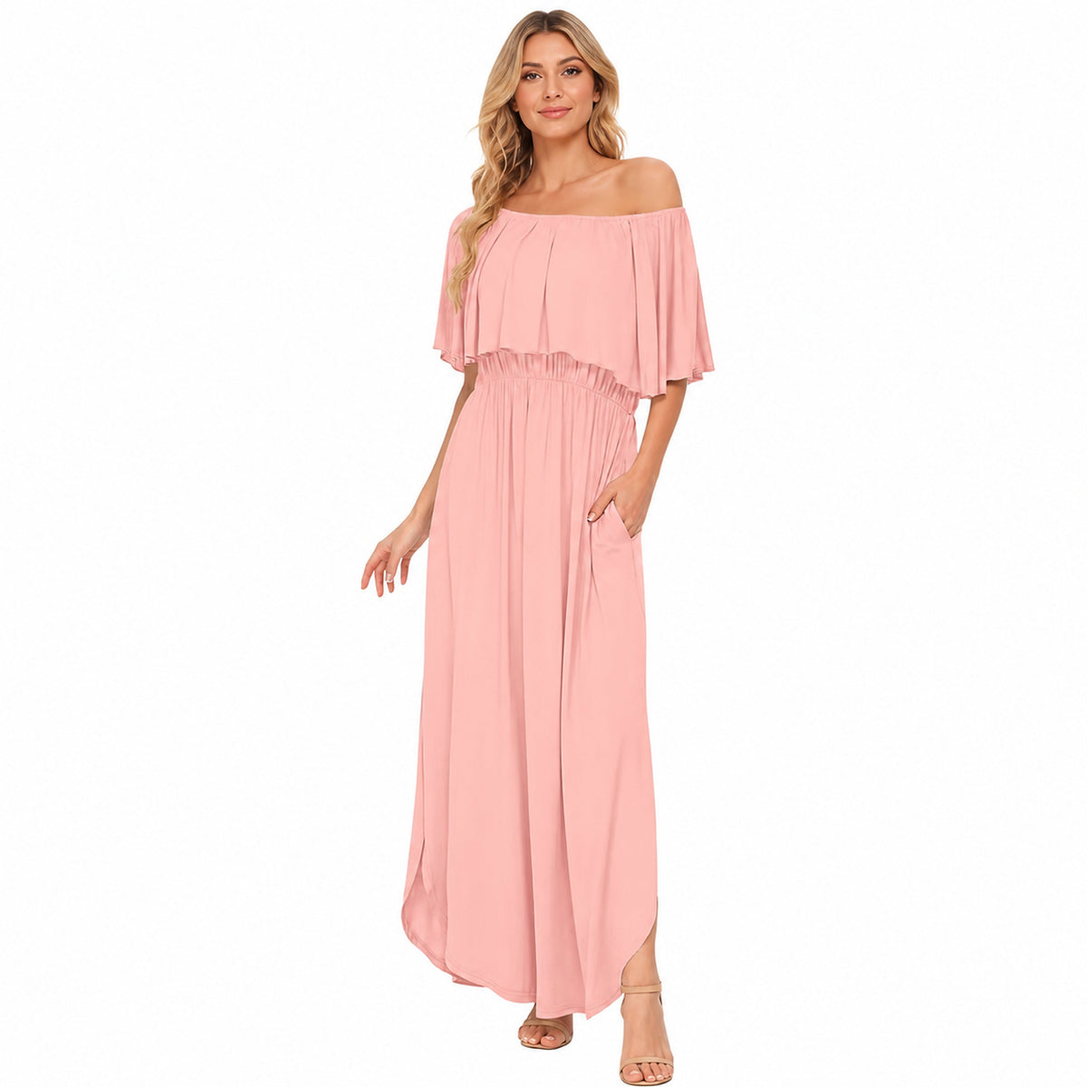 Amélie · Vestido largo de hombros descubiertos con volantes