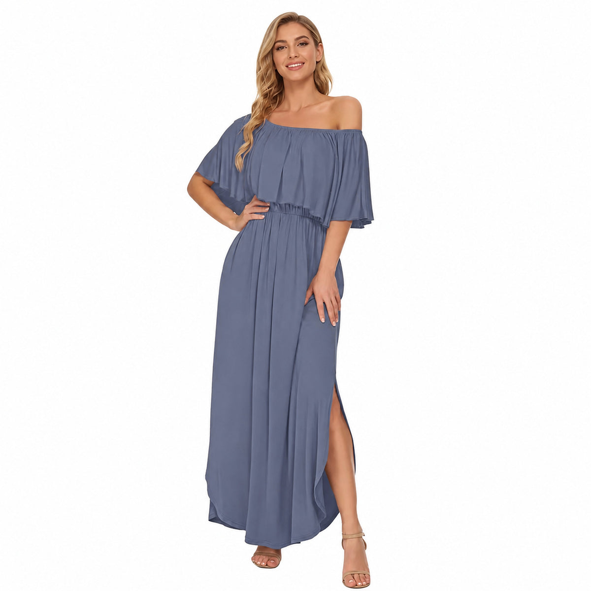 Amélie · Vestido largo de hombros descubiertos con volantes