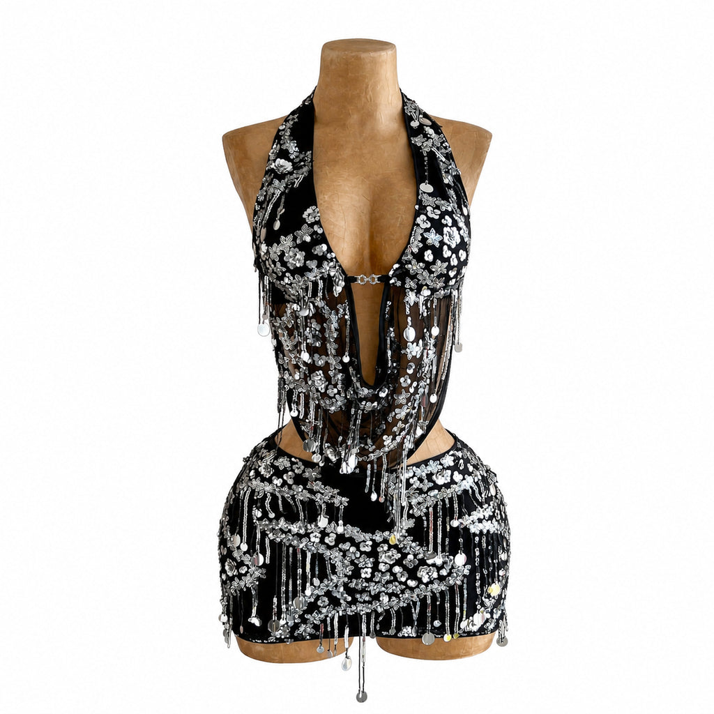 Amélie · Conjunto corto de lentejuelas con cuello halter