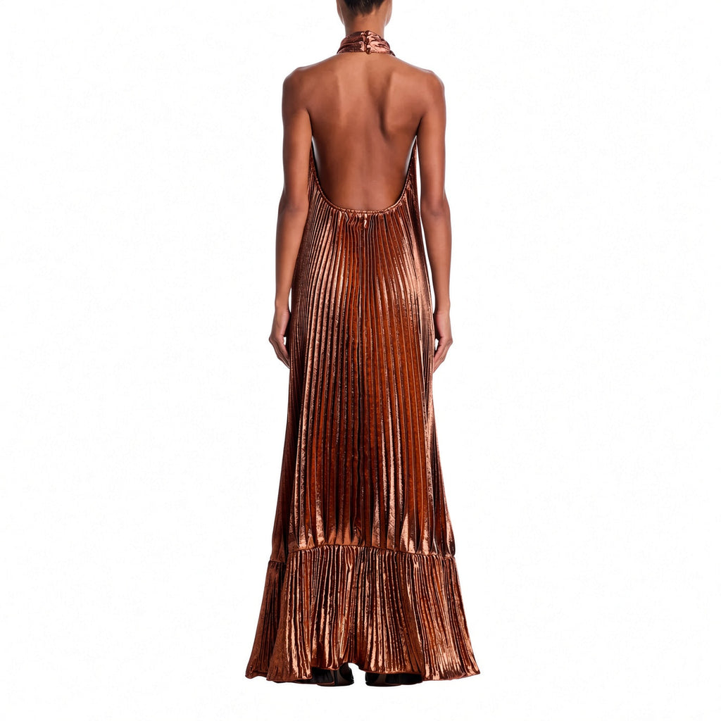Amélie · Vestido largo halter plisado metalizado