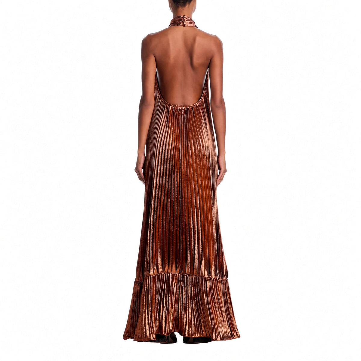 Amélie · Vestido largo halter plisado metalizado