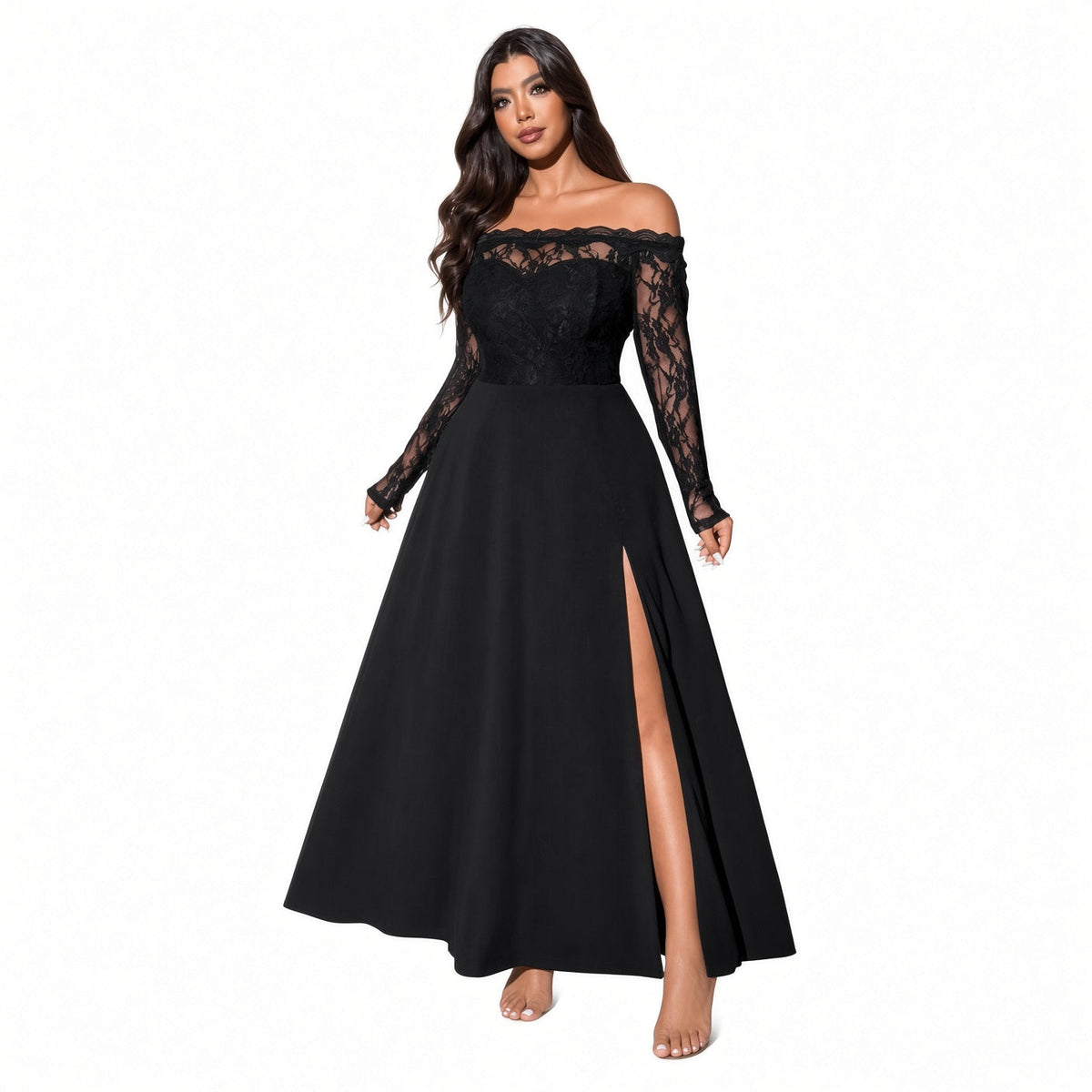 Amélie · Vestido largo con cuerpo de encaje y abertura