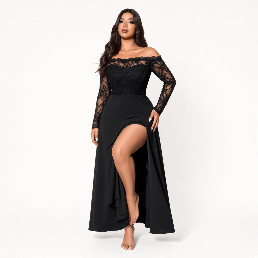 Amélie · Vestido largo con cuerpo de encaje y abertura