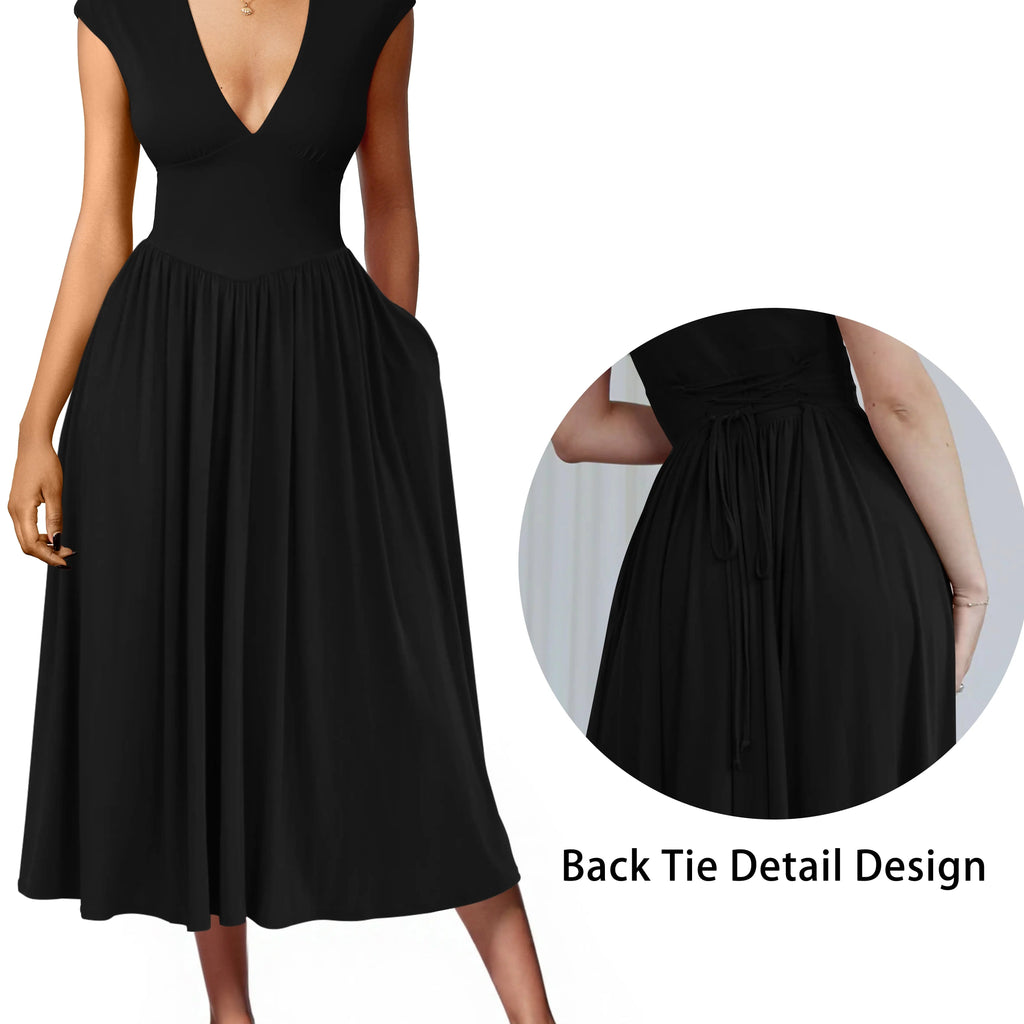 Amélie · Vestido midi con hombreras y lazada en la espalda