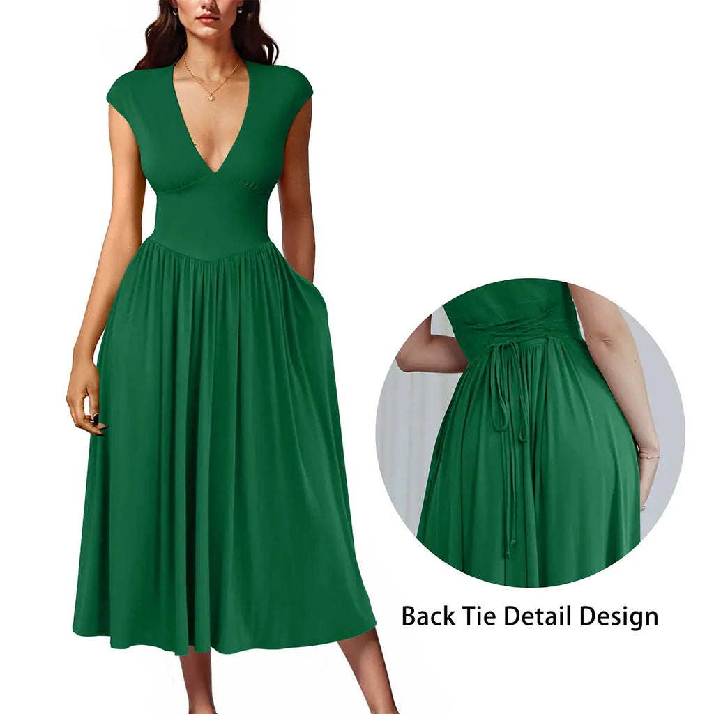 Amélie · Vestido midi con hombreras y lazada en la espalda