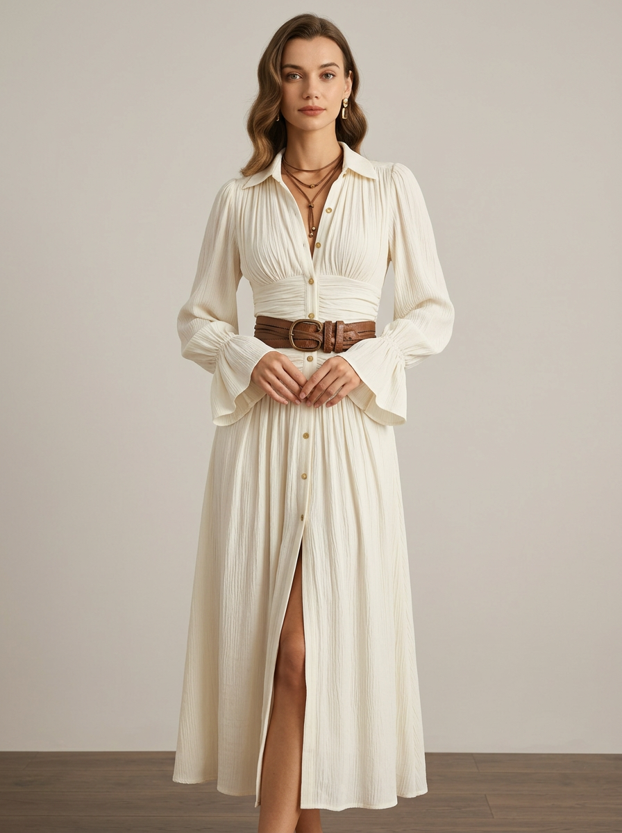 Amélie · Vestido camisero largo blanco estilo boho