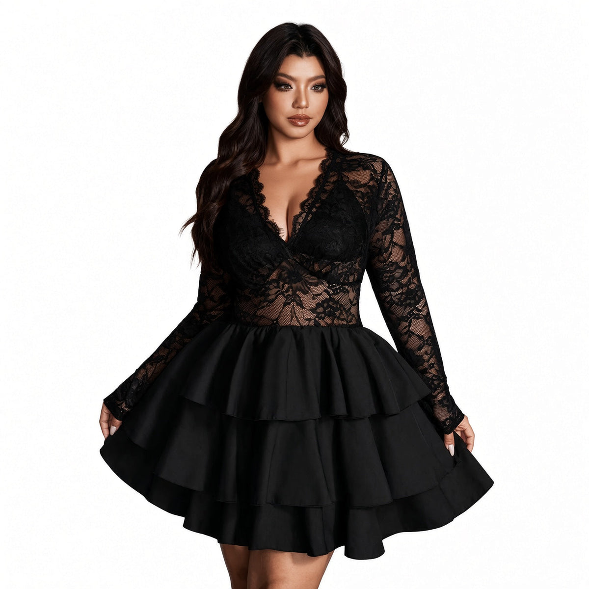 Amélie · Vestido de encaje con volantes escalonados, tallas grandes