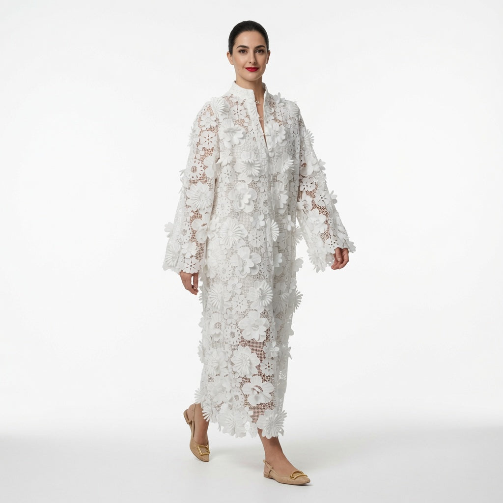 Amélie · Vestido largo de encaje floral con relieve 3D