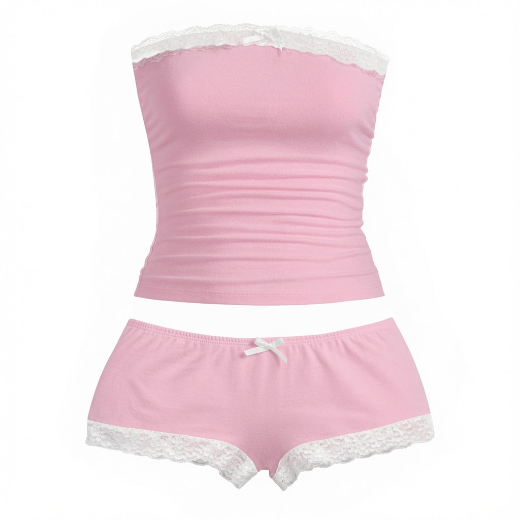 Amélie · Conjunto de top palabra de honor fruncido con encaje y pantalón corto