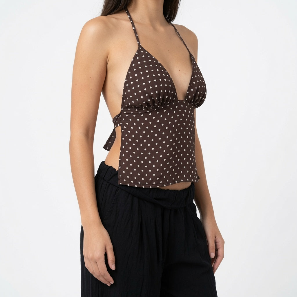 Amélie · Top halter de lunares con cintura translúcida