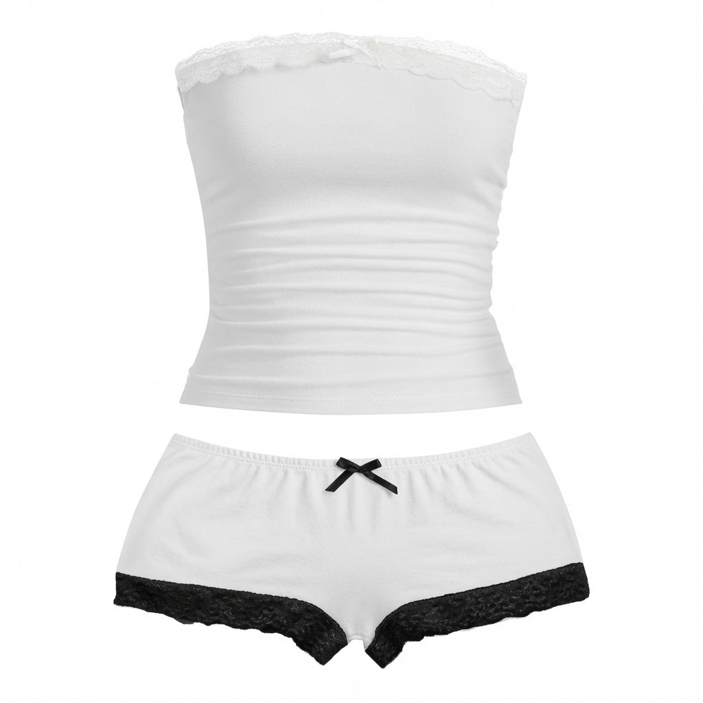 Amélie · Conjunto de top palabra de honor fruncido con encaje y pantalón corto
