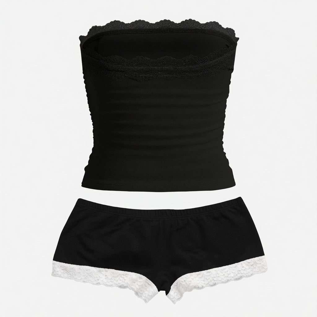 Amélie · Conjunto de top palabra de honor fruncido con encaje y pantalón corto