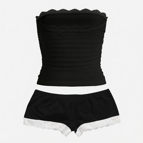 Amélie · Conjunto de top palabra de honor fruncido con encaje y pantalón corto
