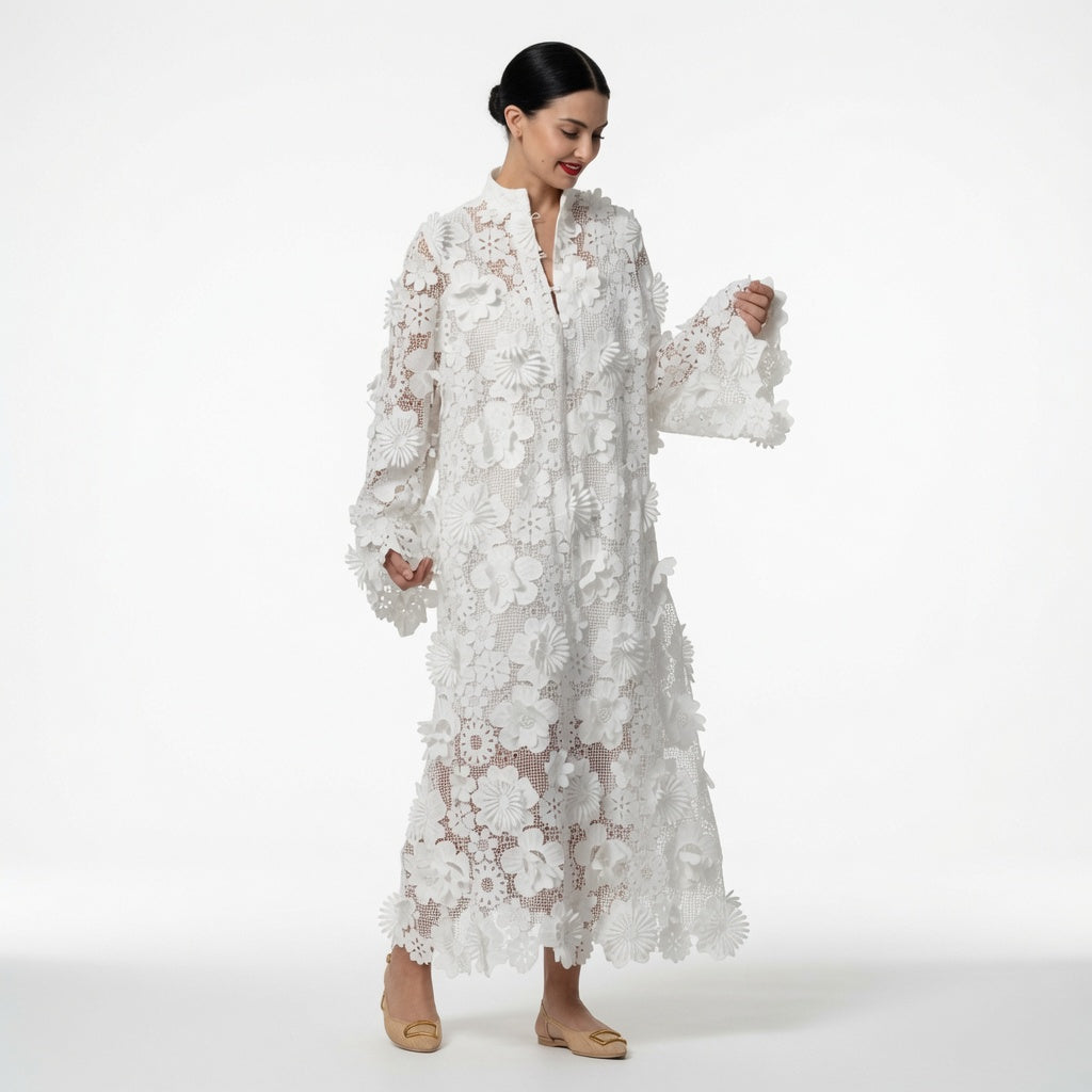 Amélie · Vestido largo de encaje floral con relieve 3D