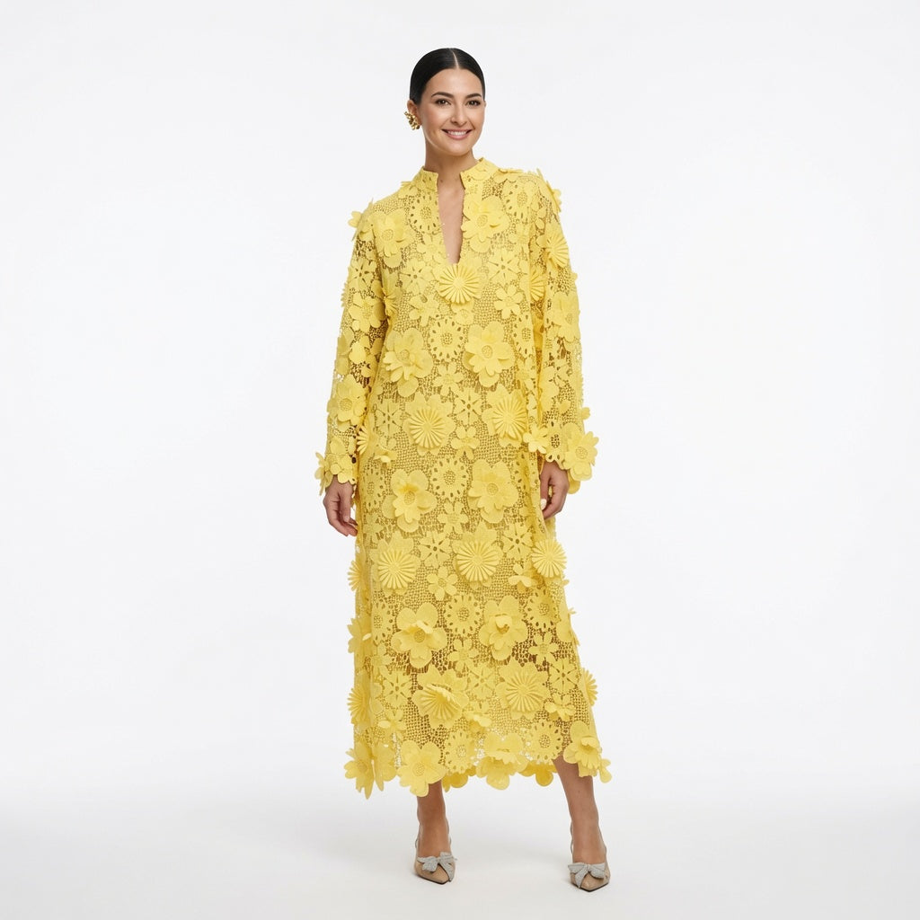 Amélie · Vestido largo de encaje floral con relieve 3D