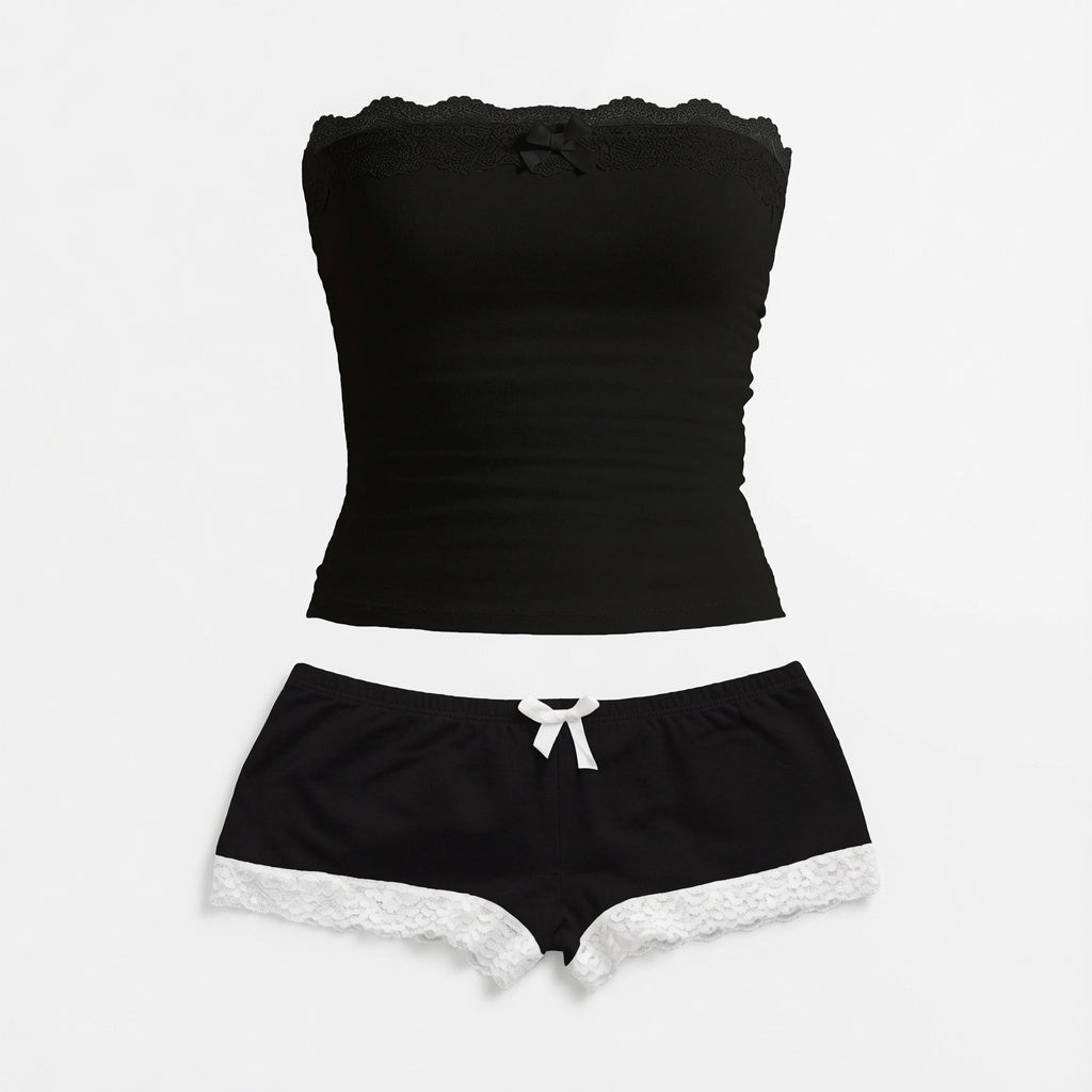 Amélie · Conjunto de top palabra de honor fruncido con encaje y pantalón corto