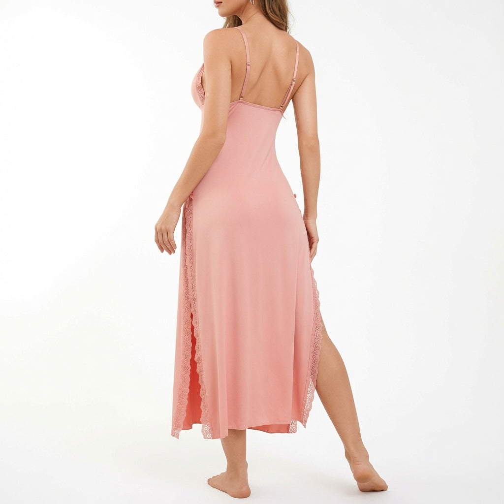 Amélie · Camisón lencero con ribete de encaje y abertura lateral