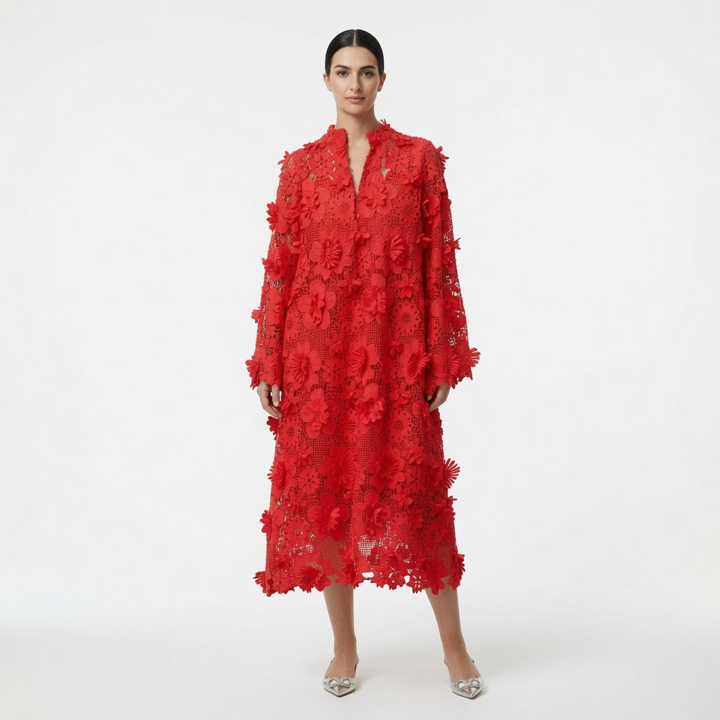 Amélie · Vestido largo de encaje floral con relieve 3D