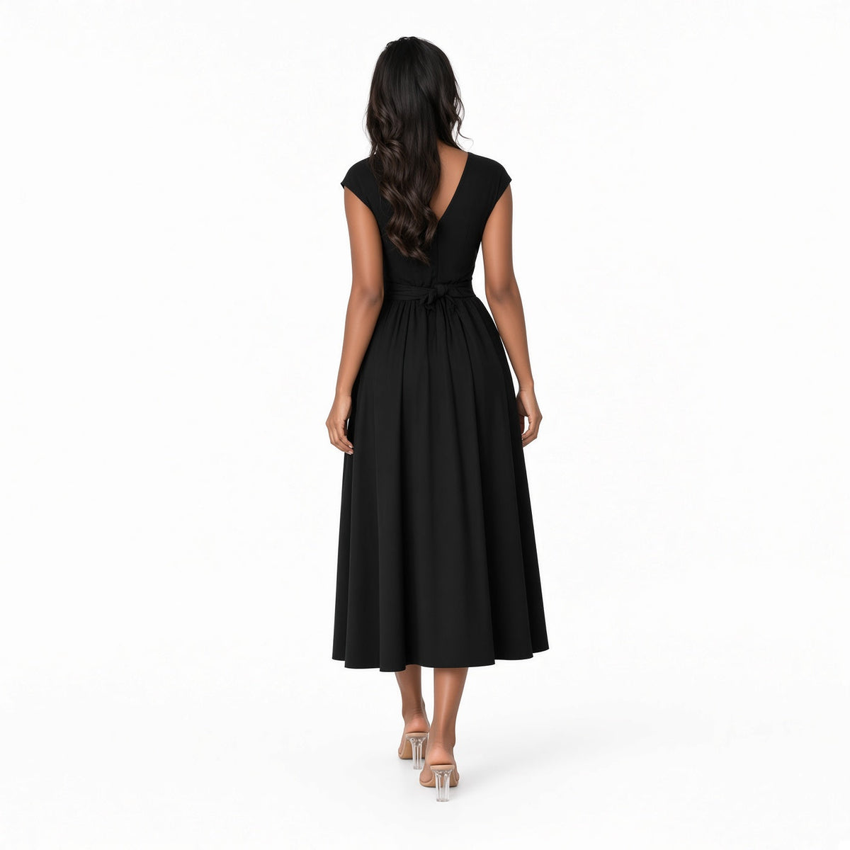 Amélie · Vestido midi con hombreras y lazada en la espalda
