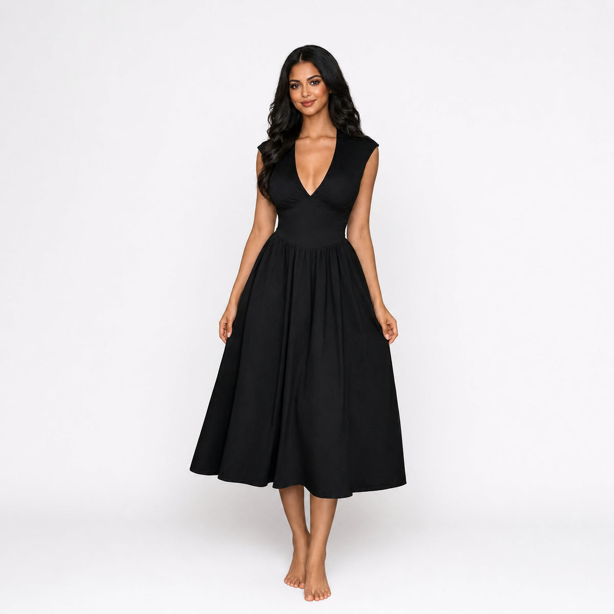 Amélie · Vestido midi con hombreras y lazada en la espalda