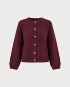 Chaqueta de punto burdeos con cuello redondo y botones