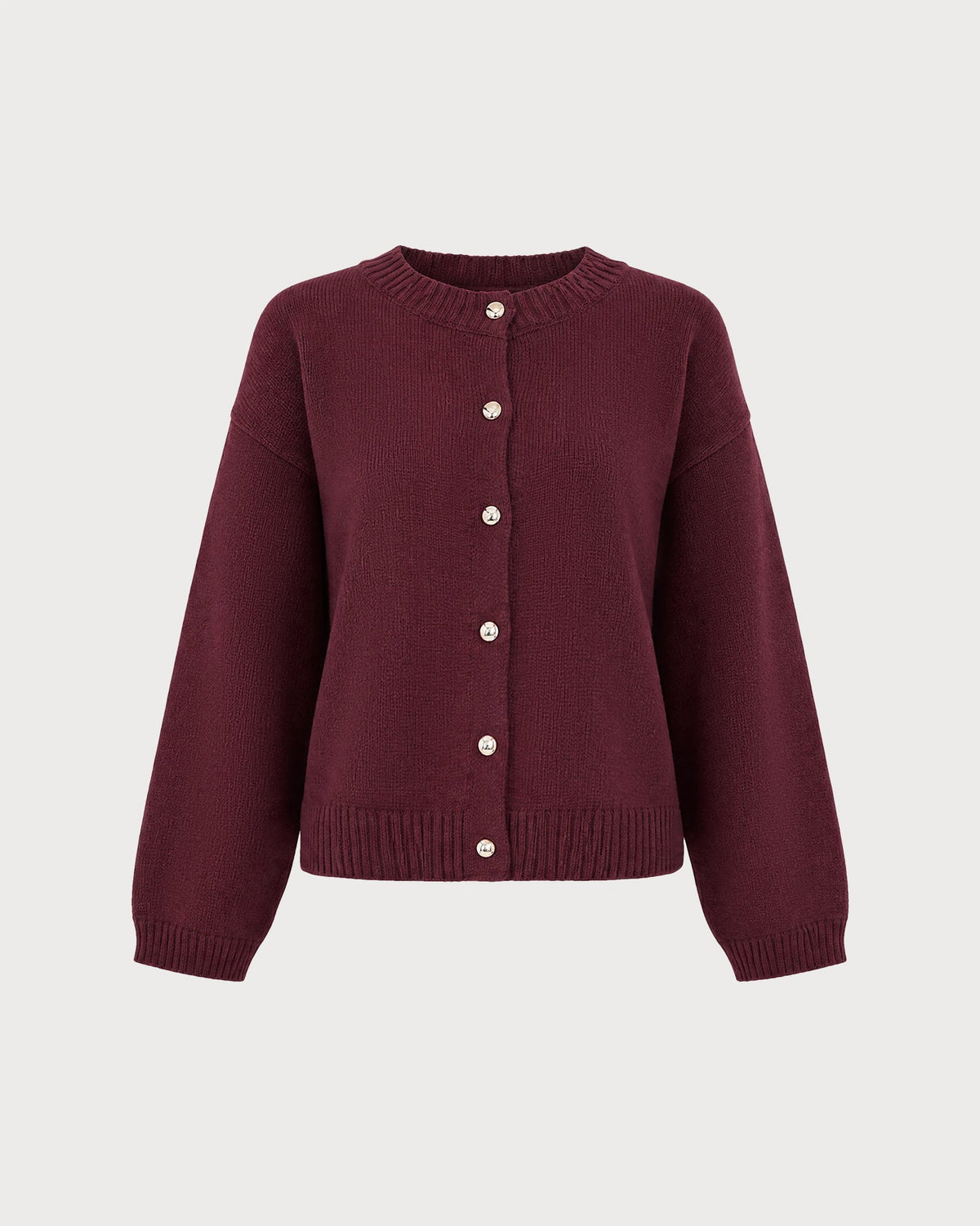 Chaqueta de punto burdeos con cuello redondo y botones