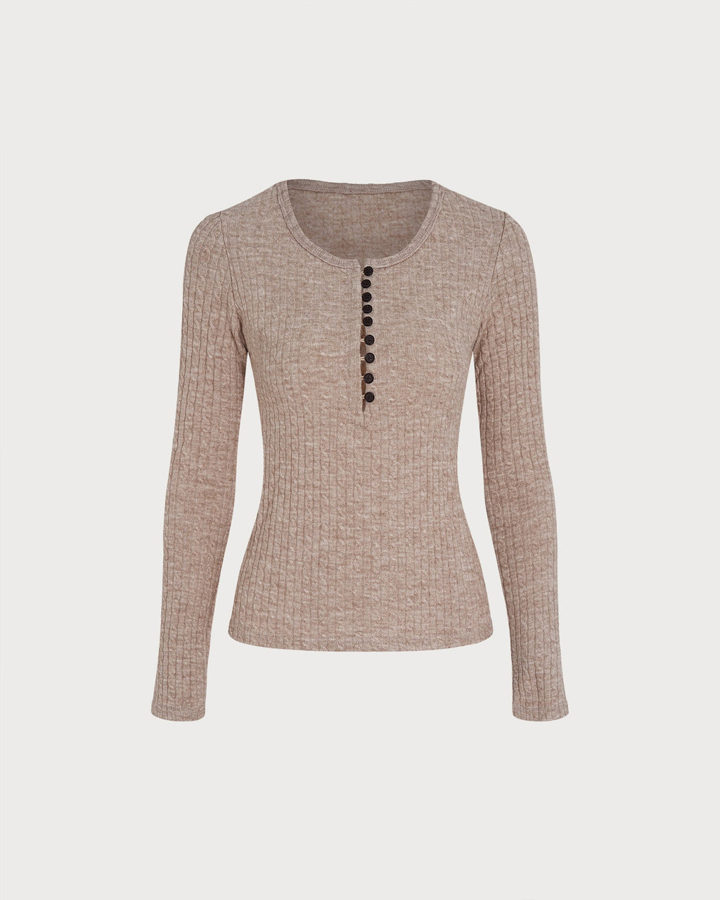 Jersey de punto camel con escote en V y botones
