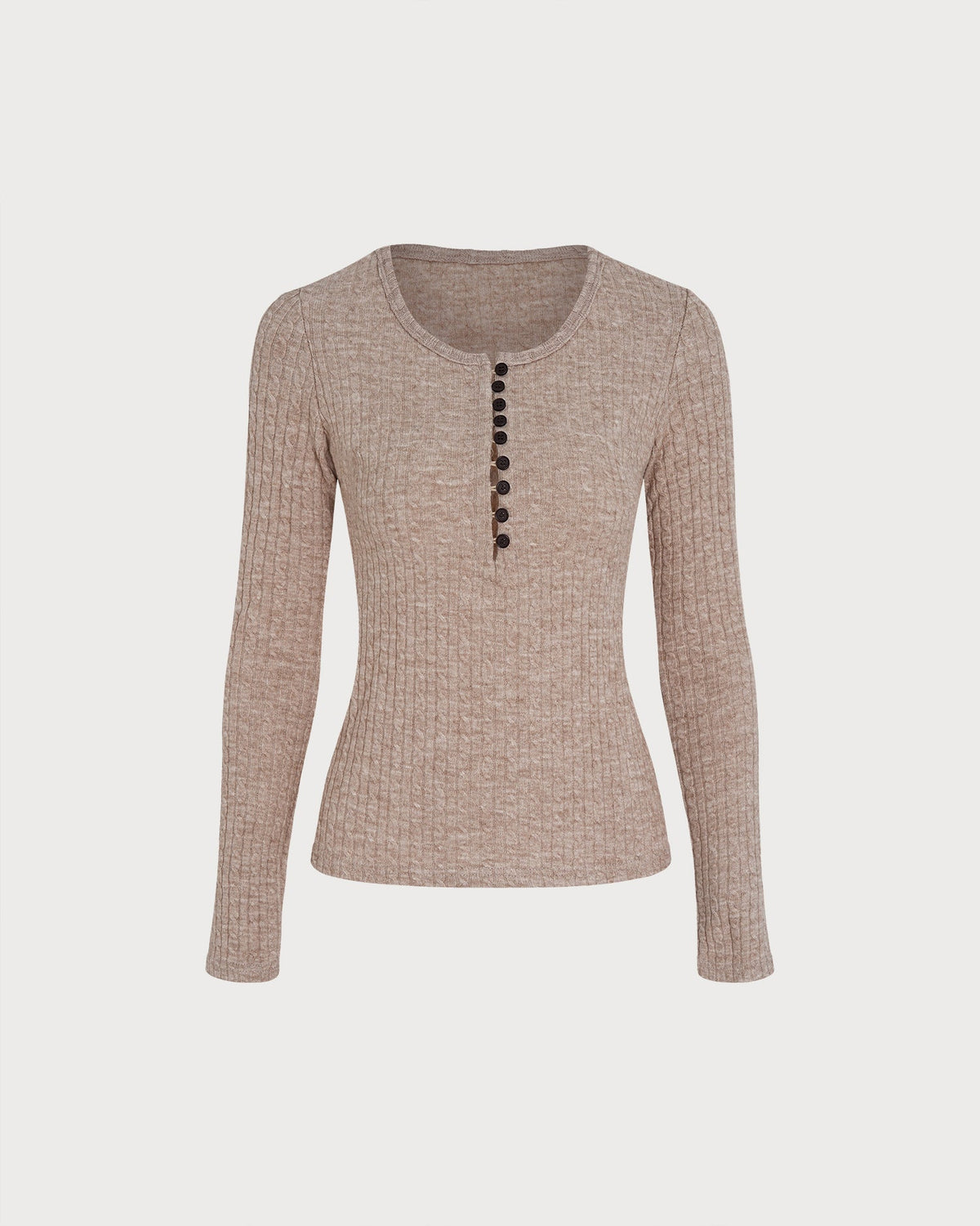 Jersey de punto camel con escote en V y botones