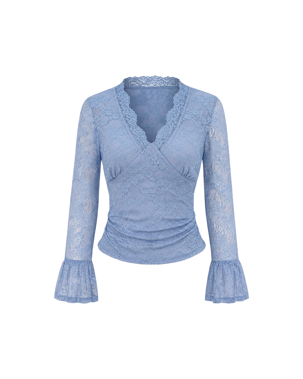 Camiseta azul de encaje floral con manga campana