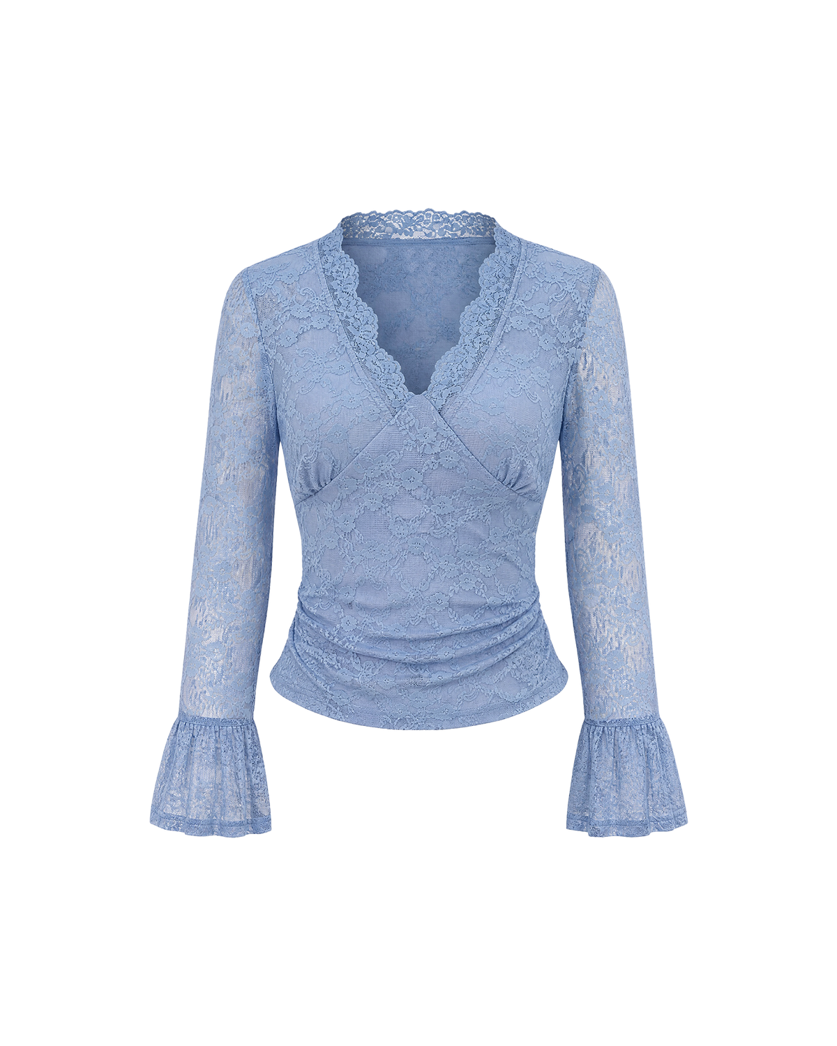 Camiseta azul de encaje floral con manga campana