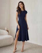 Amélie · Vestido midi azul marino de línea A con espalda descubierta y abertura