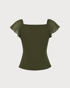 Camiseta verde de malla fruncida con cuello drapeado