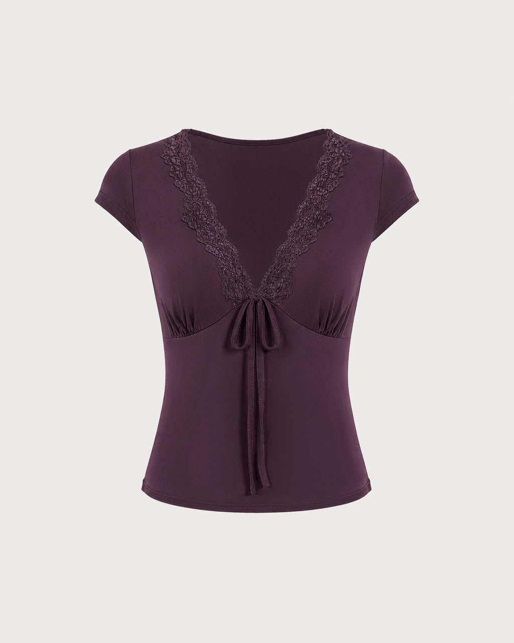 Camiseta morada de encaje con escote en V y lazo