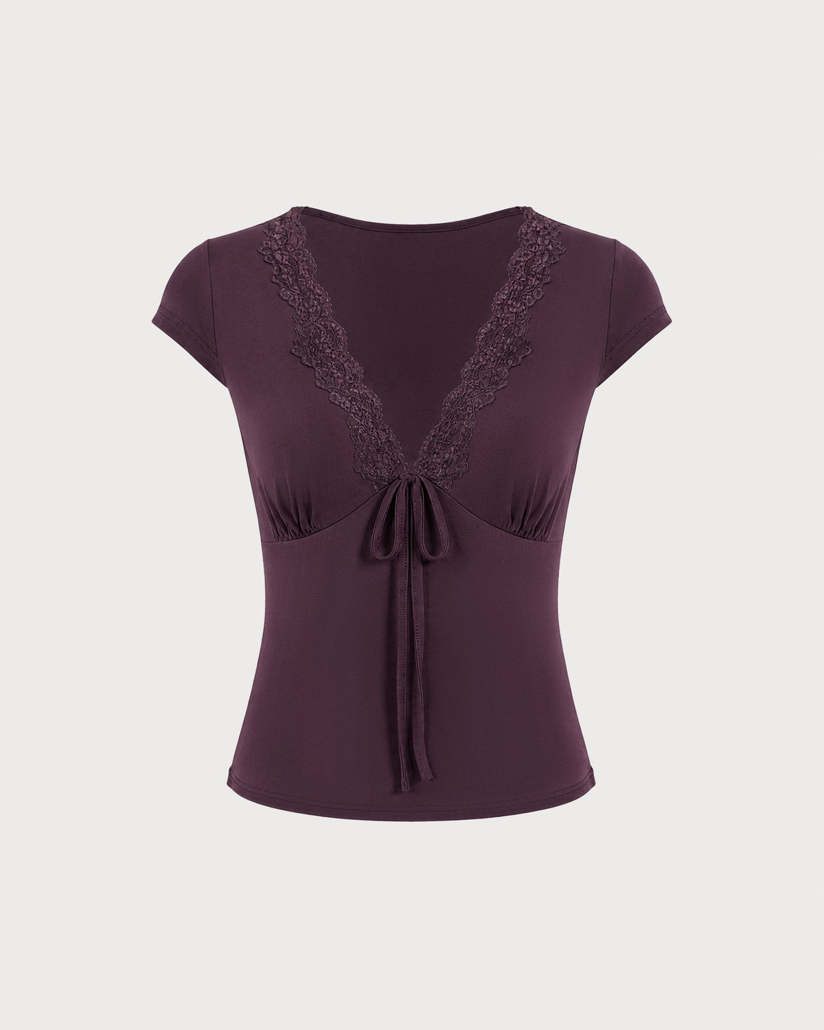 Camiseta morada de encaje con escote en V y lazo