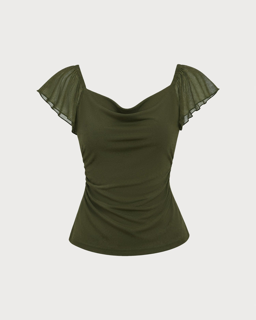 Camiseta verde de malla fruncida con cuello drapeado