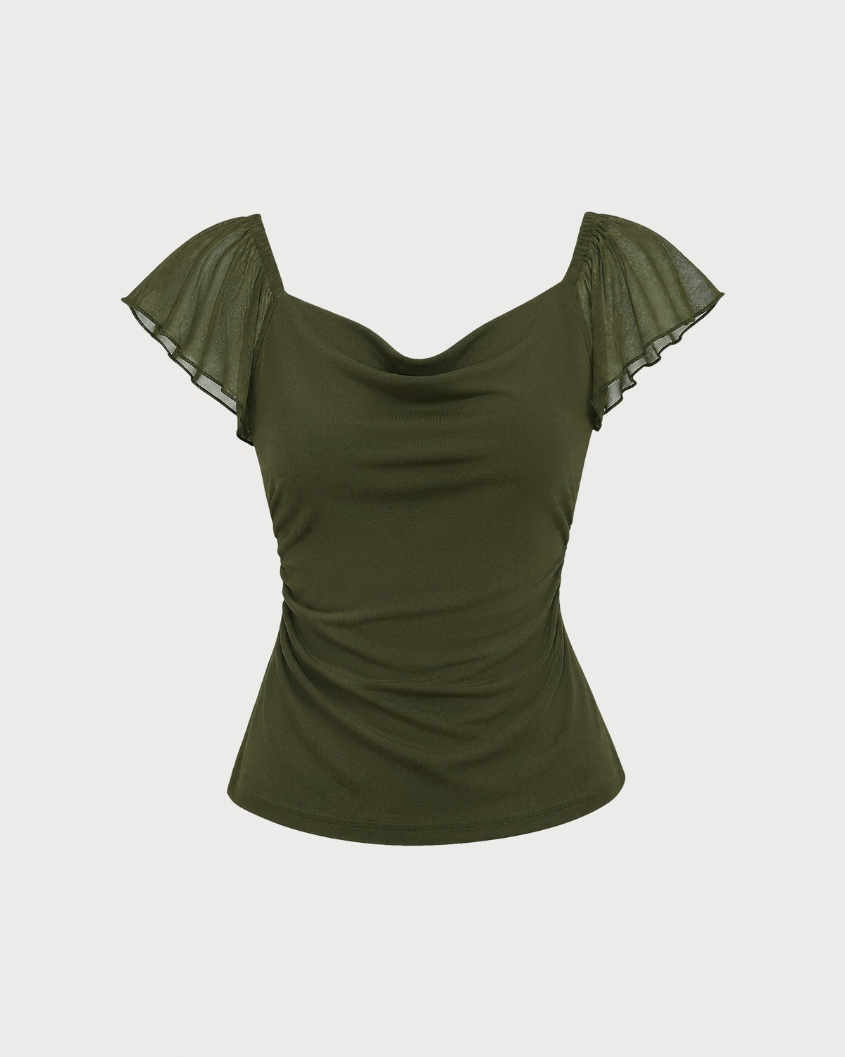 Camiseta verde de malla fruncida con cuello drapeado