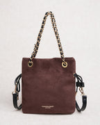 Bolso saco marrón café con cordón y cadena
