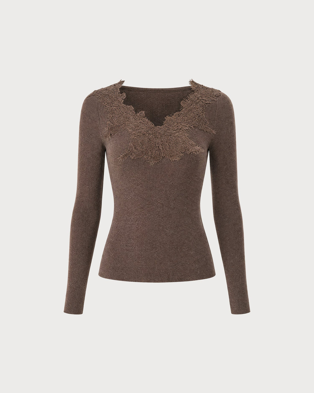 Jersey de punto marrón café de encaje con escote en V
