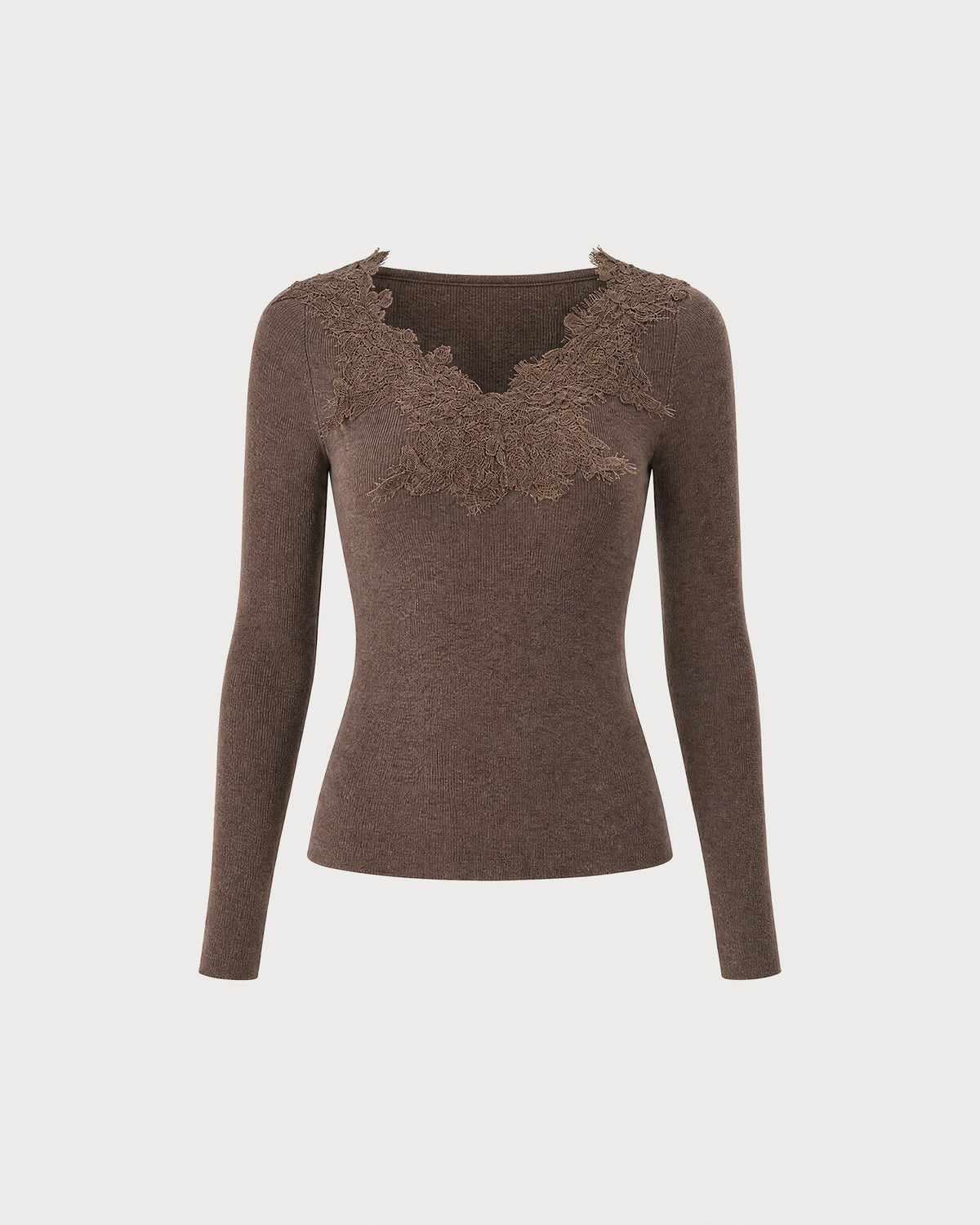 Jersey de punto marrón café de encaje con escote en V