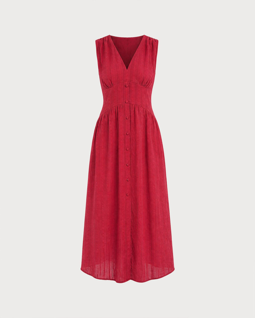 Vestido midi rojo sin mangas con escote en V y botones
